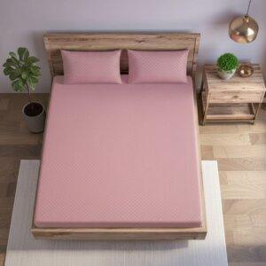 Sleeping Owls 100% Soft Cotton Jacquard 300TC checked Super King Bedsheet with 2 Pillow Cover - DUSTY ROSE