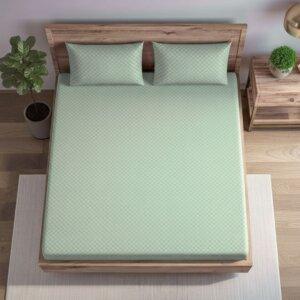 Sleeping Owls 100% Soft Cotton Jacquard 300TC checked Super King Bedsheet with 2 Pillow Cover - OLIVE