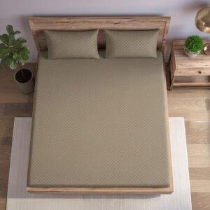 Sleeping Owls 100% Soft Cotton Jacquard 300TC checked Super King Bedsheet with 2 Pillow Cover - MOCHA