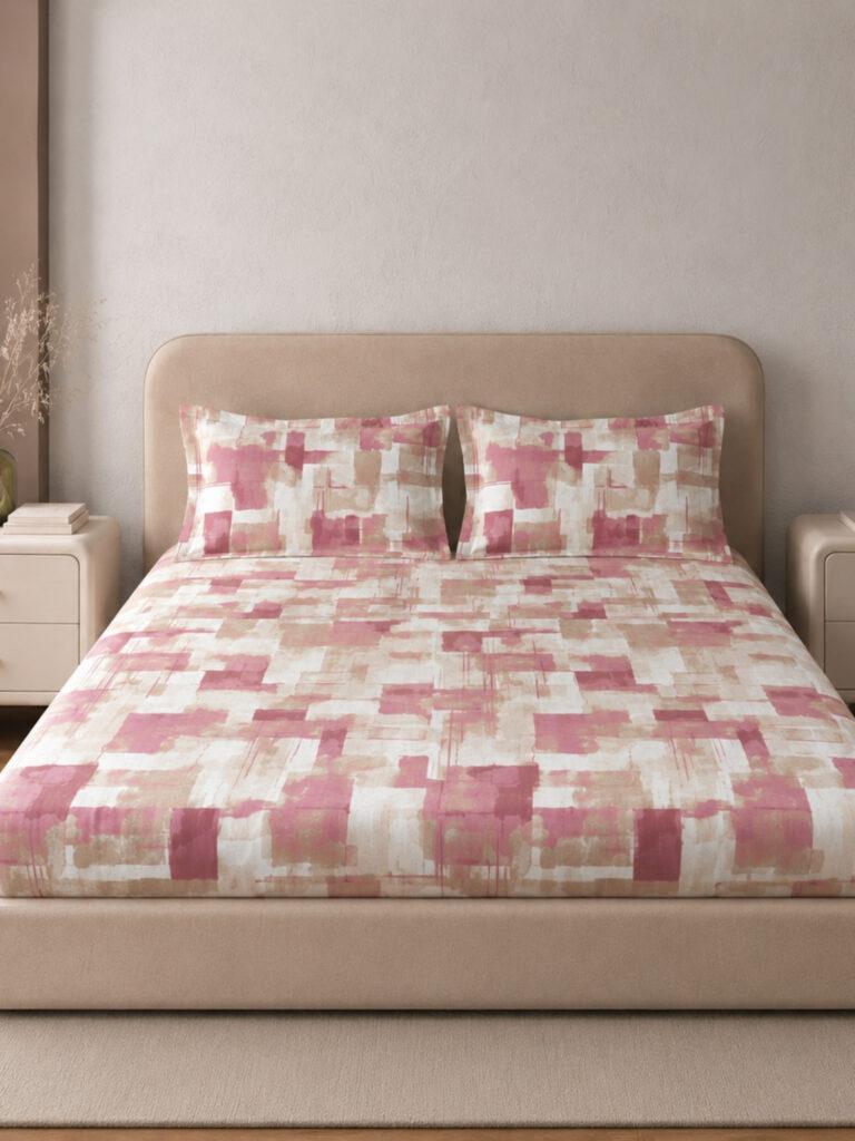 Sleeping Owls Aura Fit 144 TC Cotton Printed Fitted King Size Bedsheet with All-Around Elastic & 2 Pillow Covers