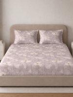 Sleeping Owls Aura Fit 144 TC Cotton Printed Fitted King Size Bedsheet with All-Around Elastic & 2 Pillow Covers
