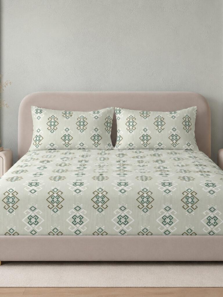 Sleeping Owls Aura Fit 144 TC Cotton Printed Fitted King Size Bedsheet with All-Around Elastic & 2 Pillow Covers