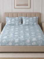 Sleeping Owls Aura Fit 144 TC Cotton Printed Fitted King Size Bedsheet with All-Around Elastic & 2 Pillow Covers