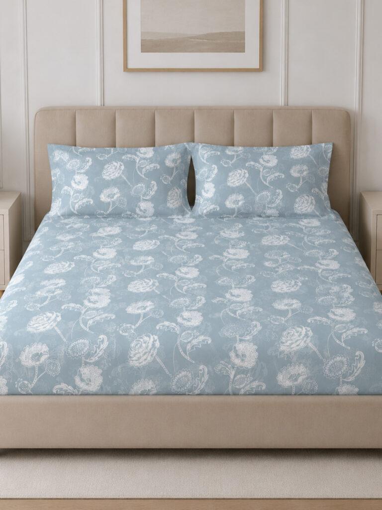 Sleeping Owls Aura Fit 144 TC Cotton Printed Fitted King Size Bedsheet with All-Around Elastic & 2 Pillow Covers